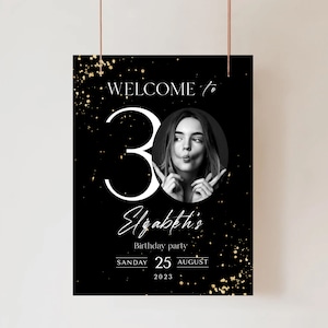 30th Birthday Welcome Sign: Black & Gold Party Decor (Printable Instant Download)