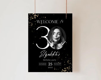 30th Birthday Welcome Sign Black Gold Editable Anniversary Party Decor Decoration Welcome Poster Corjl Template Printable Instant Download