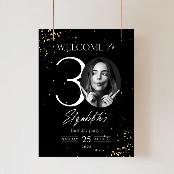 30th Birthday Welcome Sign Black Gold Editable Anniversary Party Decor Decoration Welcome Poster Corjl Template Printable Instant Download