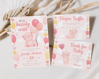Teddy Bear Girl Baby Shower Invitation Set: Pink Balloons (Digital Invitation)