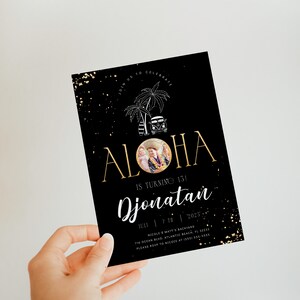 Tropical Aloha Birthday Invitation: Black, Gold, and Beach Theme (Digital Download) image 4