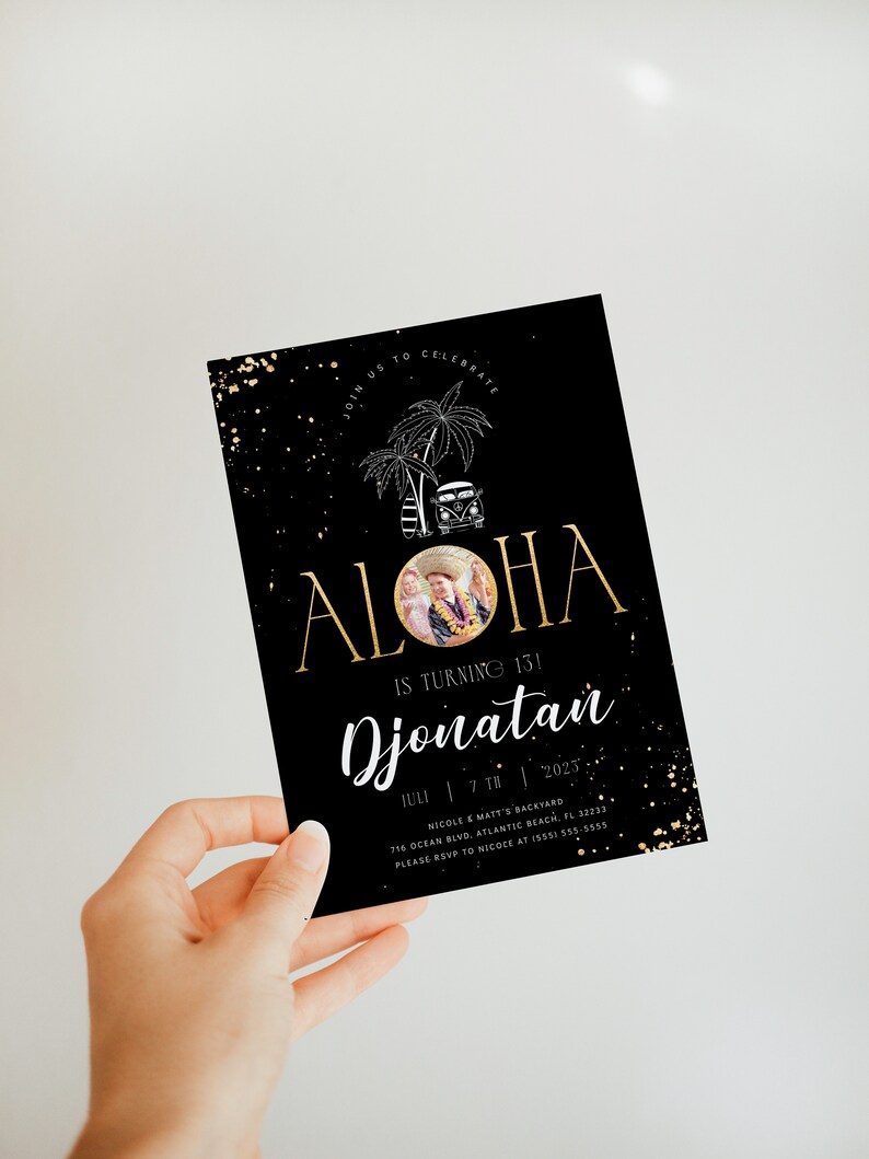 Tropical Aloha Birthday Invitation: Black, Gold, and Beach Theme (Digital Download) image 4