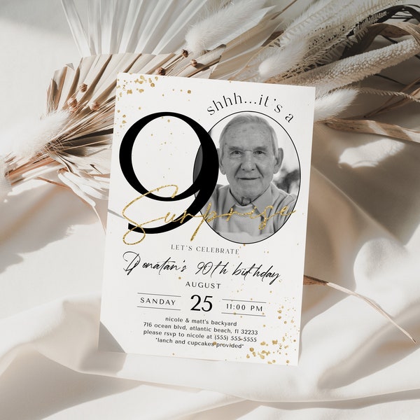 Surprise 90th Birthday Invitation with Photo Ninety Years Invitations For Women or Men Simple Minimalist Ninetieth Birthday Sign Editable