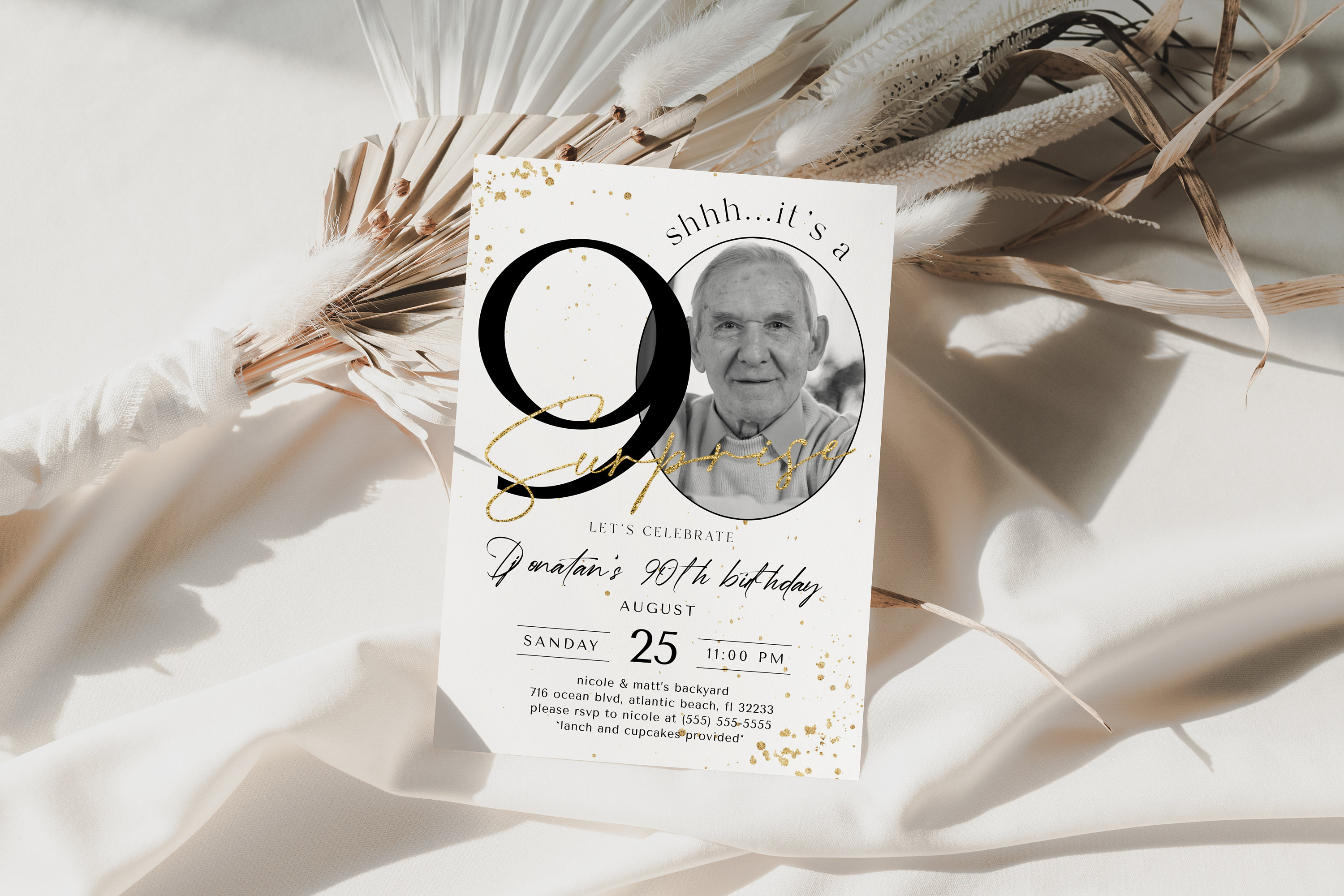 Surprise 90th Birthday Invitation with Photo Ninety Years Invitations For Women or Men Simple Minimalist Ninetieth Birthday Sign Editable