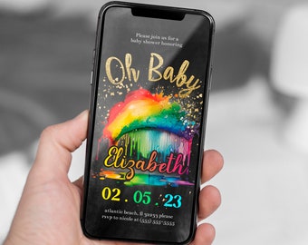 Uitnodiging babyshower regenboog: kleurrijke Cloud Evite (digitaal)