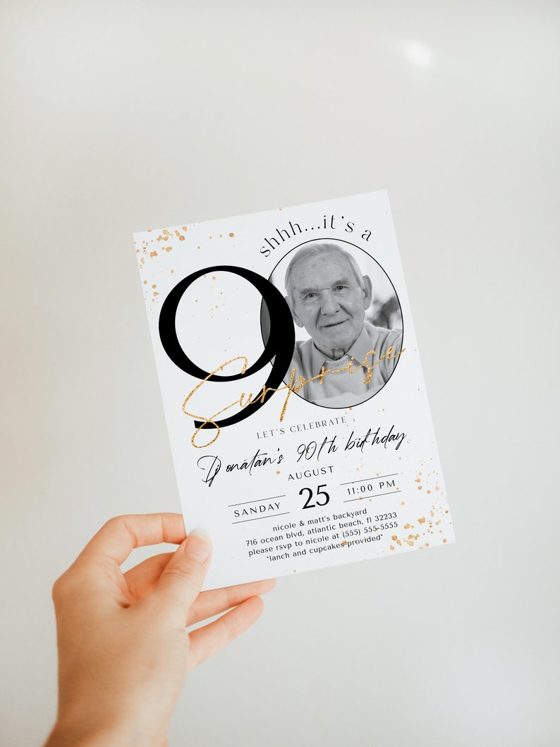 Surprise 90th Birthday Invitation with Photo: Minimalist Design (Editable Digital Download) image 4