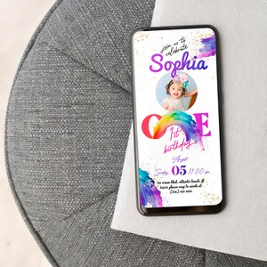 Rainbow First Birthday Electronic Invitation with Photo (Digital Download) image 5