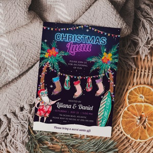 Kerst Luau Uitnodiging, Bewerkbaar Strand Kerstfeest Sign Sjabloon, Tropische Kerst uitnodiging Instant, Tropische Vakantie Uitnodiging Download