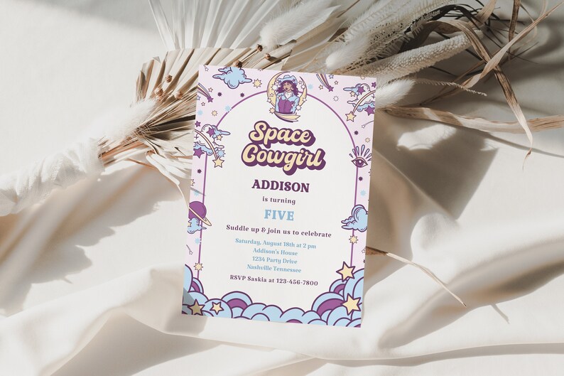 May include: A pink and purple invitation with a cartoon cowgirl in a space suit. The text reads "Space Cowgirl Addison is turning Five. Suddle up & join us to celebrate Saturday, August 18th at 2 pm Addison's house 1234 Party Drive Nashville Tennessee RSVP Saskia at 123-456-7800"