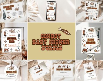 Könnte beinhalten: Ein druckbares Set mit Cowboy-motivischen Babyparty-Dekorationen. Das Set beinhaltet ein Willkommens-Schild, Einladungen, Dankeschön-Etiketten und ein Ticket für eine Windel-Tombola. Das Design ist in den Farben Braun, Weiß und Orange gehalten und zeigt Illustrationen von Cowboyhüten, Stiefeln, Kakteen und Sternen.