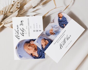 Modello di annuncio di nascita del neonato, Genere neutro Annuncio di nascita Scarica la cartolina modificabile, Biglietto di annuncio del bambino con foto dell'arco