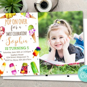 Popsicle Birthday Invitation with Photo, Summer Birthday Invite, Ice Cream Invitation, Pop on Over Birthday Invitation, Popsicle Editable