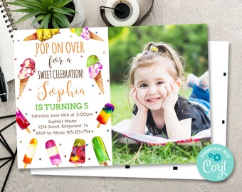 Popsicle Birthday Invitation with Photo, Summer Birthday Invite, Ice Cream Invitation, Pop on Over Birthday Invitation, Popsicle Editable