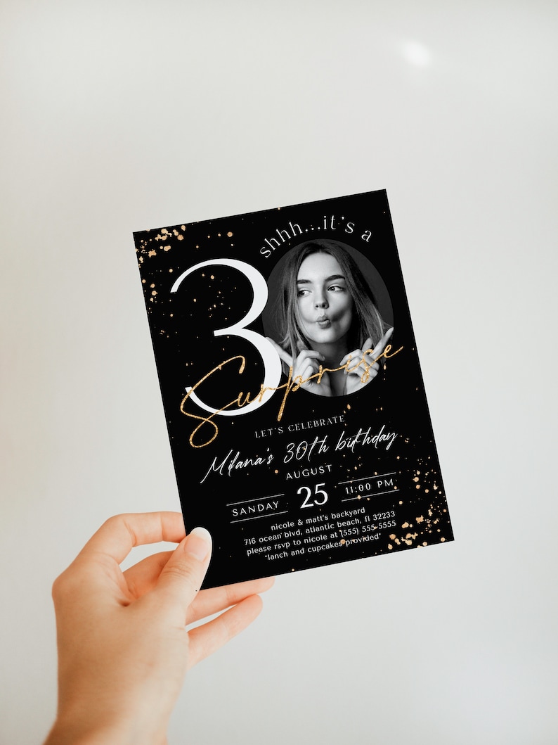 Black & Gold 30th Birthday Invitation: Surprise Party (Digital Download) image 3
