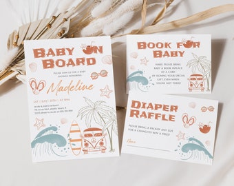 Baby on Board Invitation Set Surf Baby Shower Books for Baby Diaper Raffle Cards Surfboard Vintage Van Beach Baby Shower Surfing Party Decor