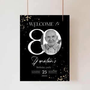 80th Birthday Welcome Sign: Black and Gold Glitter (Printable Template) image 5