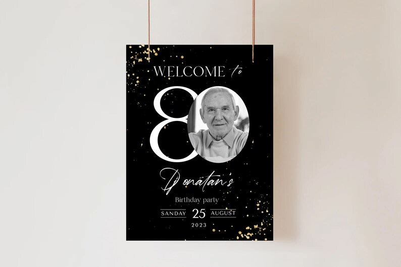 80th Birthday Welcome Sign: Black and Gold Glitter (Printable Template) image 5