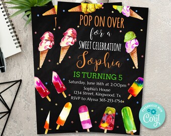 Popsicle Birthday Invitation Chalkboard, Summer Birthday Invite, Ice Cream Invitation, Pop on Over Birthday Invitation, Popsicle