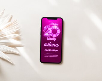 Pink Neon 20th Birthday Invitation: Glow in The Dark Electronic Evite (Digital Download)