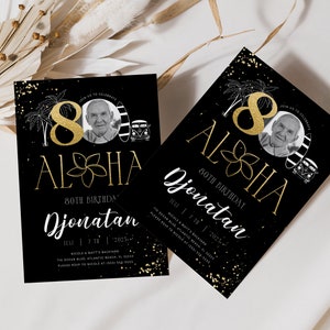 Tropical 80th Birthday Photo Invitation: Black & Gold Printable Decor image 2