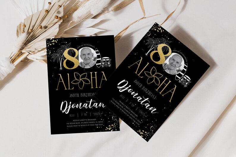Tropical 80th Birthday Photo Invitation: Black & Gold Printable Decor image 2