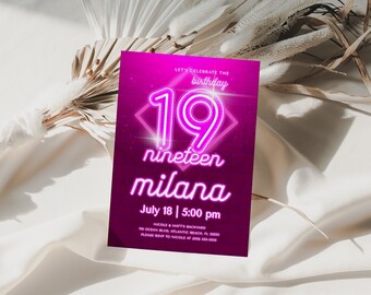 Pink Neon 19th Birthday Invitation: Glow Party Invite (Digital Download)