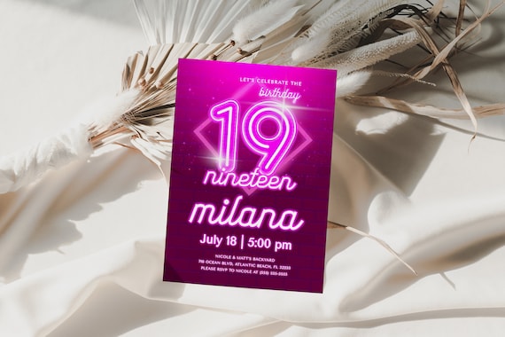 Pink Neon 19th Birthday Invitation Template Glow Party Invite Printable ...