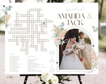 Boho Pampas Wedding Crossword Puzzle with Photo: Sip & Solve Game (Digital Files)