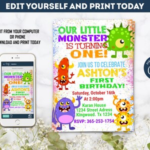 Monster First Birthday Invitation: Colorful Party (Digital Download)