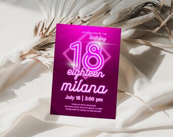 Pink Neon 18th Birthday Invitation: Editable Glow Party (Digital Download)