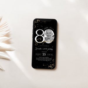 Black Gold Surprise 80th Birthday Elektronische Einladung mit Foto Lets Celebrate Eighty Years Birthday Evite Digitales Jubiläum Invite