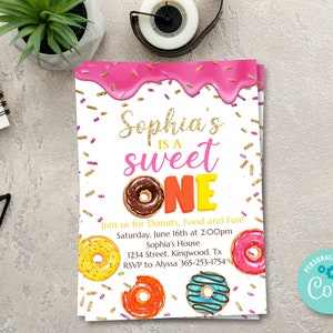 Zaproszenie na urodziny Donut Sweet One, zaproszenie na imprezę Doughnut, pierwsze urodziny Pink Donuts, zaproszenie na urodziny dziewczynki