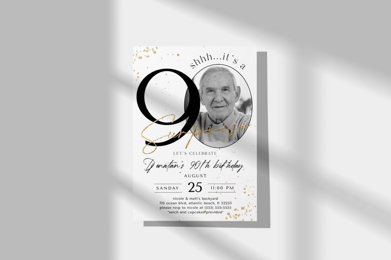 Surprise 90th Birthday Invitation with Photo: Minimalist Design (Editable Digital Download) image 6