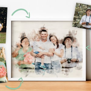 Watercolor Family Portrait From Merging Multiple Photos, Merge Photos, Add Person On Photo, Christmas Gift