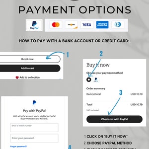 May include: A diagram showing how to pay for an item on Etsy using PayPal or a bank account or credit card. The diagram shows the steps to follow, including clicking on "Buy it now", choosing a payment method, and checking out with PayPal. The diagram also shows the option to pay with a bank account or credit card.
