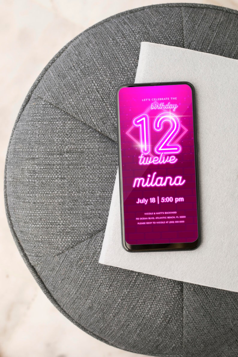 Invitación de neón rosa para el 12.º cumpleaños: Digital editable en Evite imagen 4