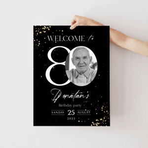 80th Birthday Welcome Sign: Black and Gold Glitter (Printable Template) image 6