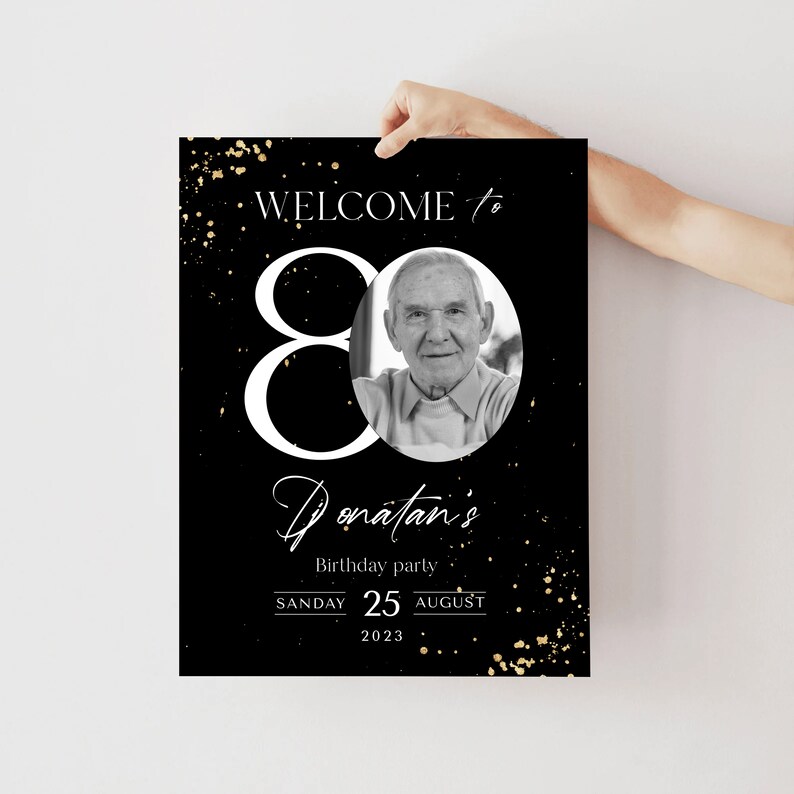 80th Birthday Welcome Sign: Black and Gold Glitter (Printable Template) image 6