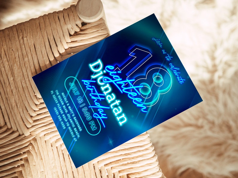 Blue Neon 18th Birthday Invitation: Editable Glow Party (Digital Download) image 3