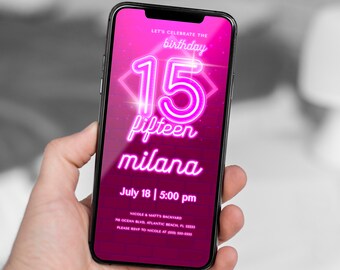 Pink Neon 15th Birthday Electronic Invitation: Editable Digital Evite