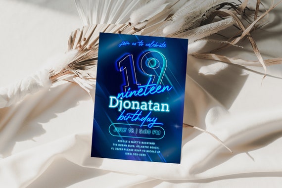 Blue Neon 19th Birthday Invitation Template Instant Download Neon Lights Let's Glow Crazy 19 Birthday Invite Printable Glow Party Invitation Il_570xn