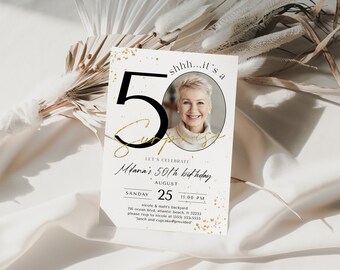 Surprise 50th Birthday Invitation with Photo White Gold Glitter Printable Template Birthday Anniversary Signage Instant Editable Download