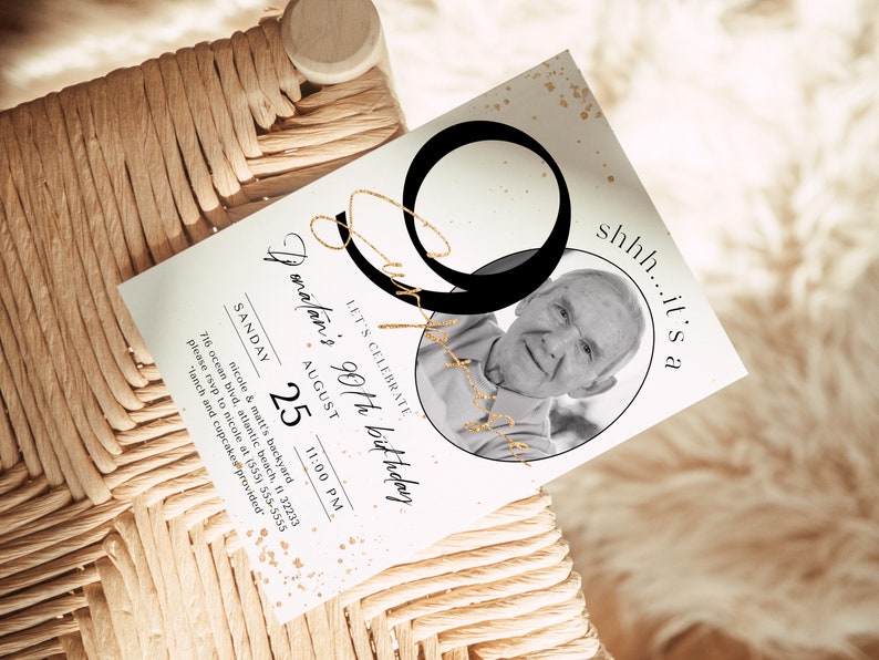 Surprise 90th Birthday Invitation with Photo: Minimalist Design (Editable Digital Download) image 3