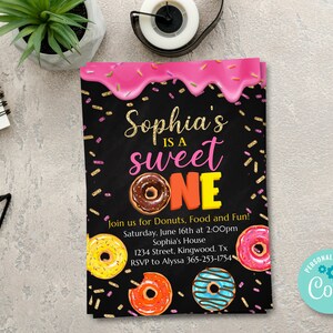 Donut Sweet One Birthday Invitation Chalkbord, Doughnut Party Invite, Pink Donuts First Birthday Party, Girl Birthday Invitation