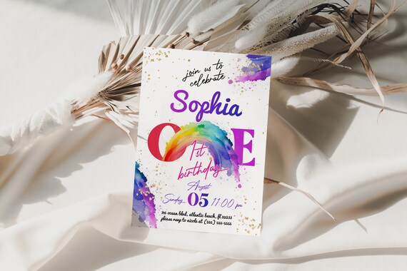 Rainbow First Birthday Invitation Girl Colorful Rainbow Personalized 1st Year Baby Party Invite Editable Printable Instant Download Template Il_570xn