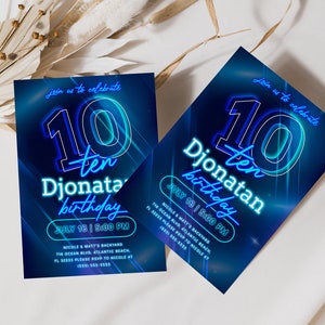 Blue Neon 10th Birthday Invitation Editable Glow In The Dark Teen Boys Instant Download Template Ten Years Aqua Neon Birthday Party Invite image 2