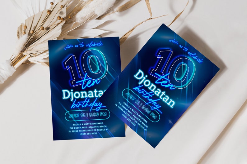 Blue Neon 10th Birthday Invitation Editable Glow In The Dark Teen Boys Instant Download Template Ten Years Aqua Neon Birthday Party Invite image 2