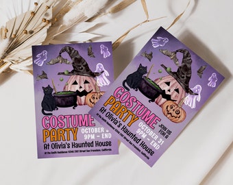 Halloween Party Invitation Printable, Cat Halloween Party Invite, Purple Halloween Costume Party Template, Spooky Pumpkin Halloween Invite