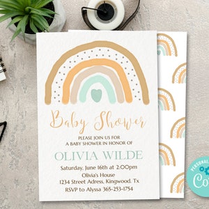 Boho Rainbow Baby Shower Invitation, Gender Neutral Shower Invite, Muted Tones Boho Baby Shower, Gender Neutral Pastel Baby Shower