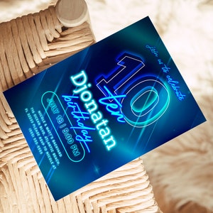 Blue Neon 10th Birthday Invitation Editable Glow In The Dark Teen Boys Instant Download Template Ten Years Aqua Neon Birthday Party Invite image 3